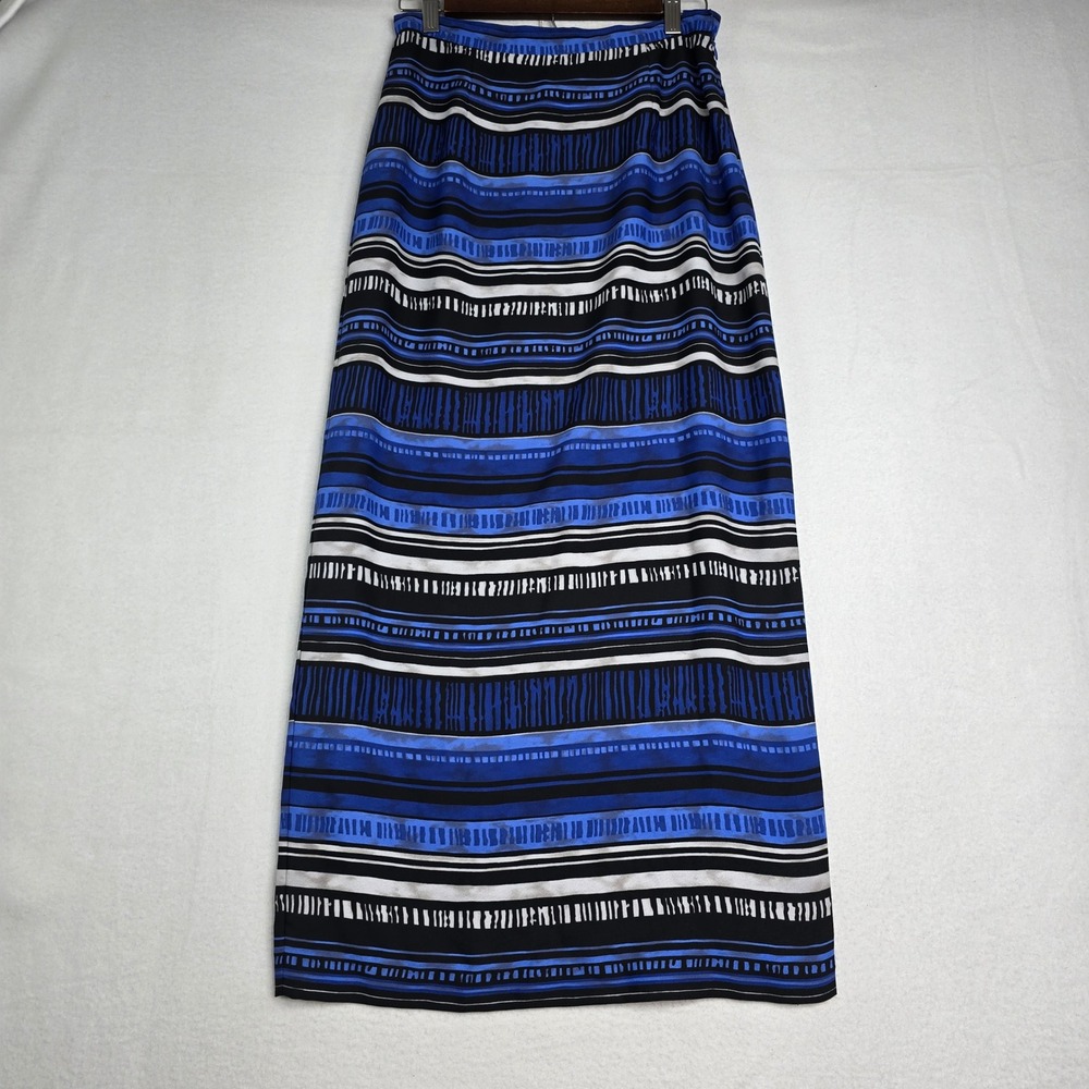 Josephine Chaus Striped Maxi Skirt Blue Black White Side Slit Size 6